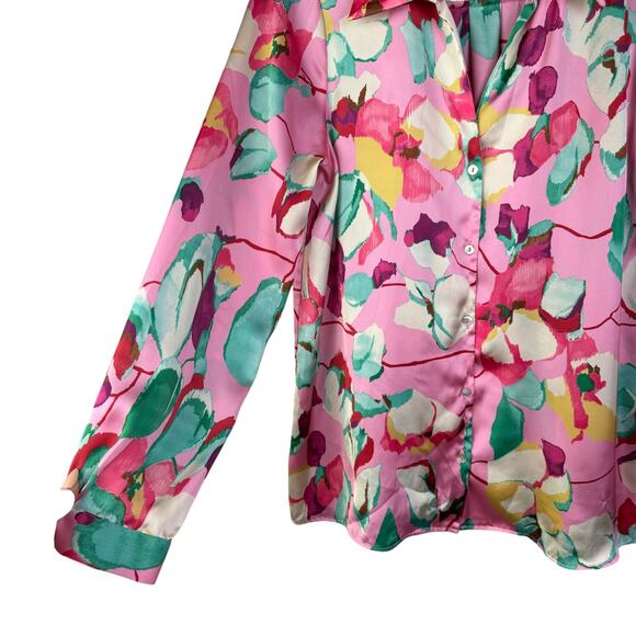 Zara Blouse Medium Womens Button Down Pink Floral Lightweight Feminine Preppy - Picture 6 of 9